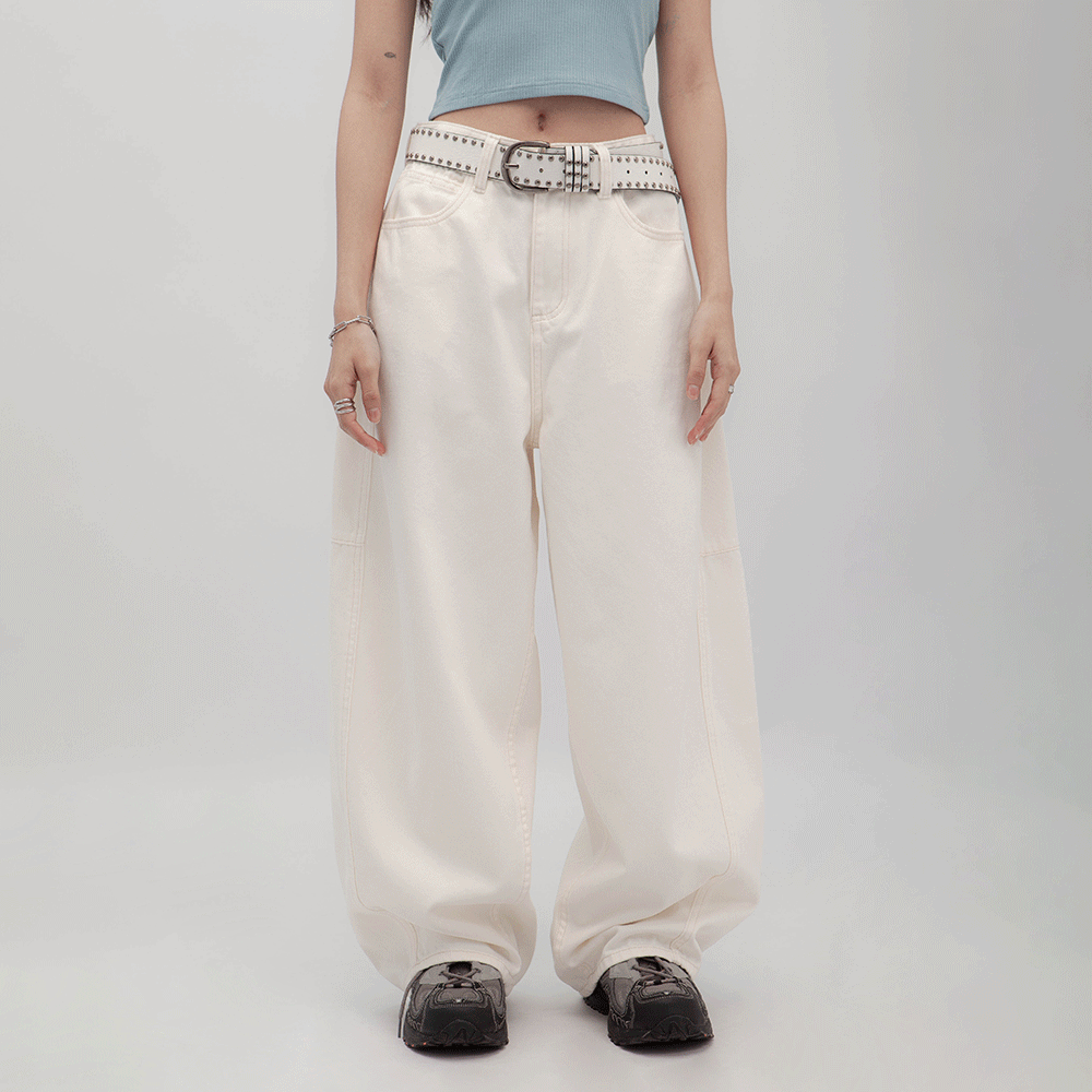 米白寬鬆彎刀褲