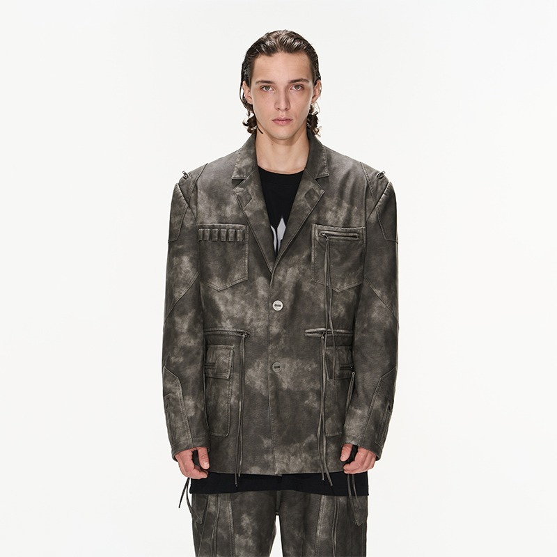 BLINDNOPLAN   水洗做舊拉鍊皮質寬鬆廊形西裝外套