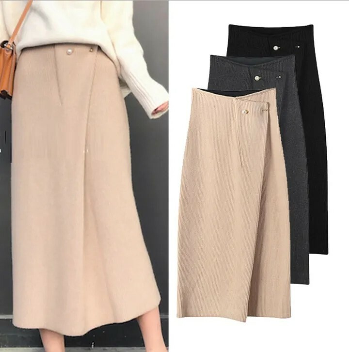 珍珠別針 高腰皺褶羊毛針織裙(黑/杏/ 灰)