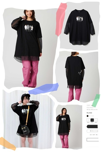 日系前印The Four Cats網紗袖拼接短袖長Tee - 2500741