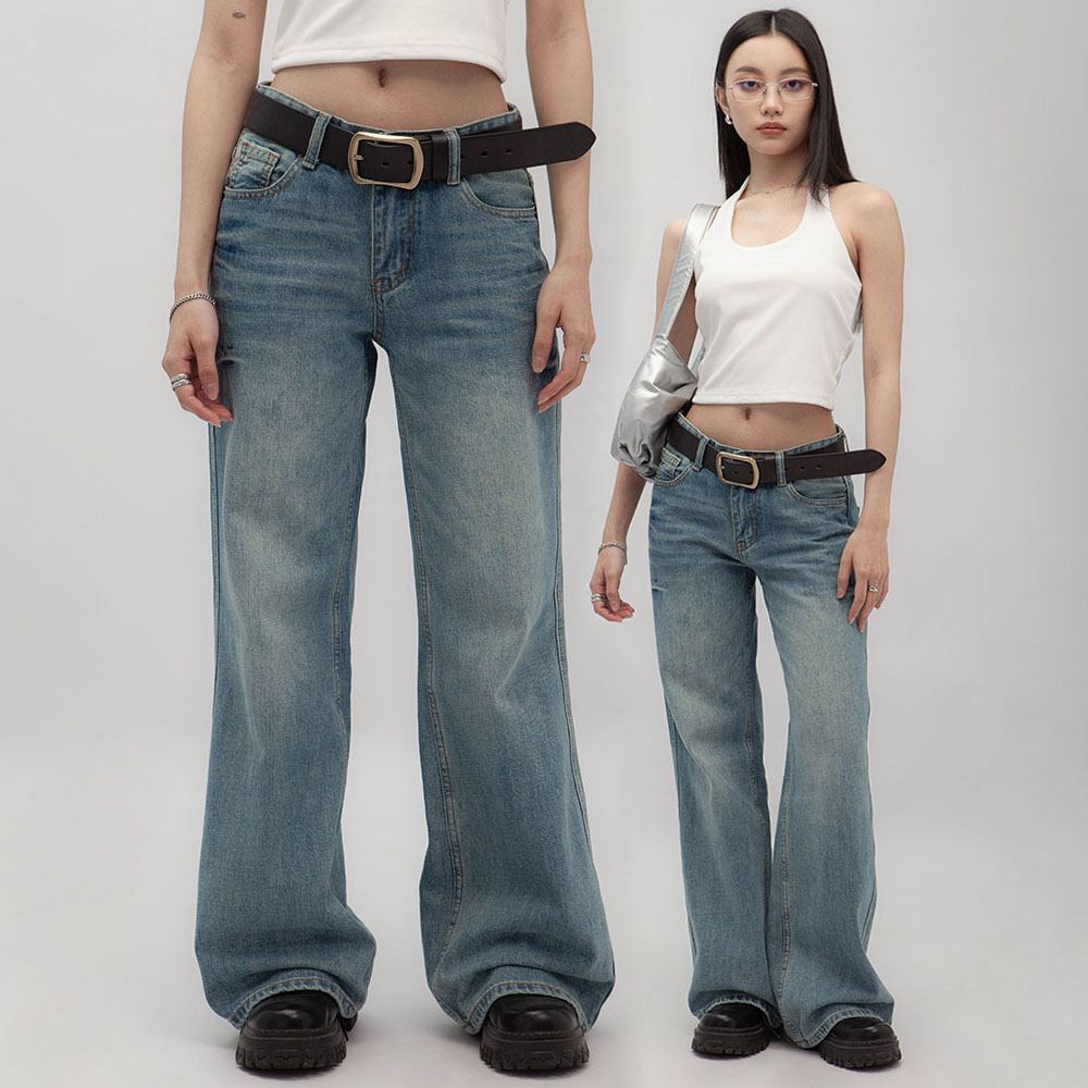 低腰水洗直筒牛仔褲