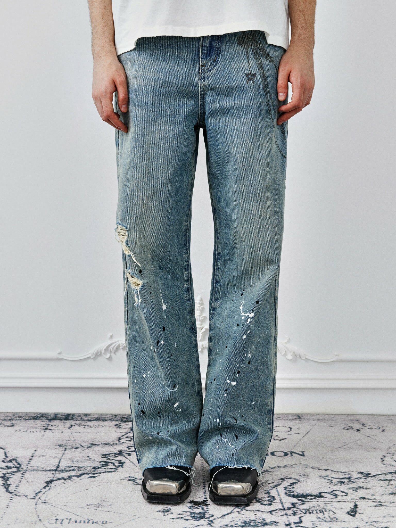 BIRTH OF ROYAL CHILD｜Chain Ink Print Detailed Patch Jeans