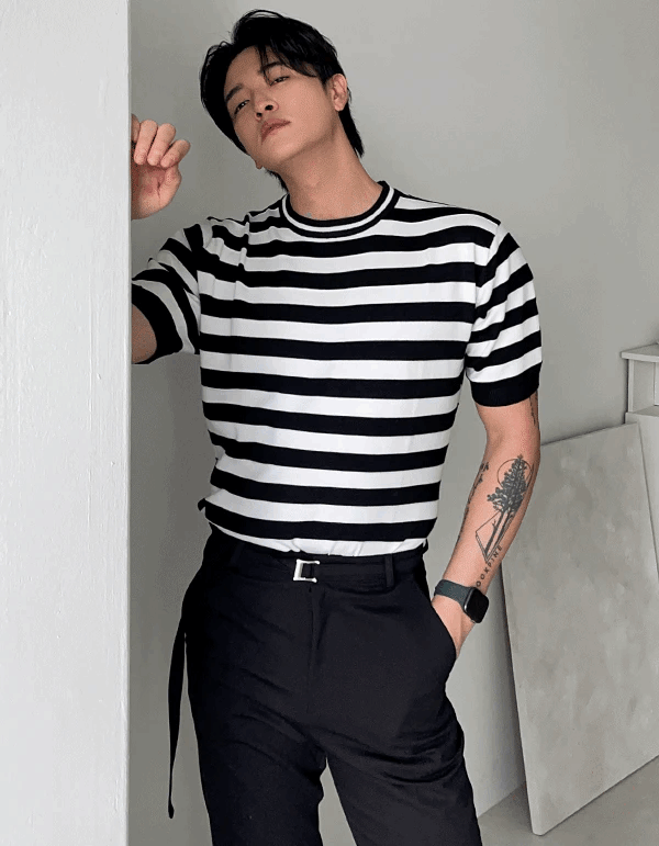 條紋短袖針織衫