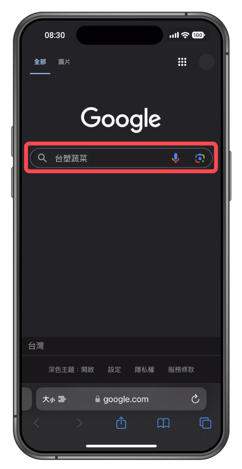 iphone操作畫面於搜尋欄搜尋台塑蔬菜