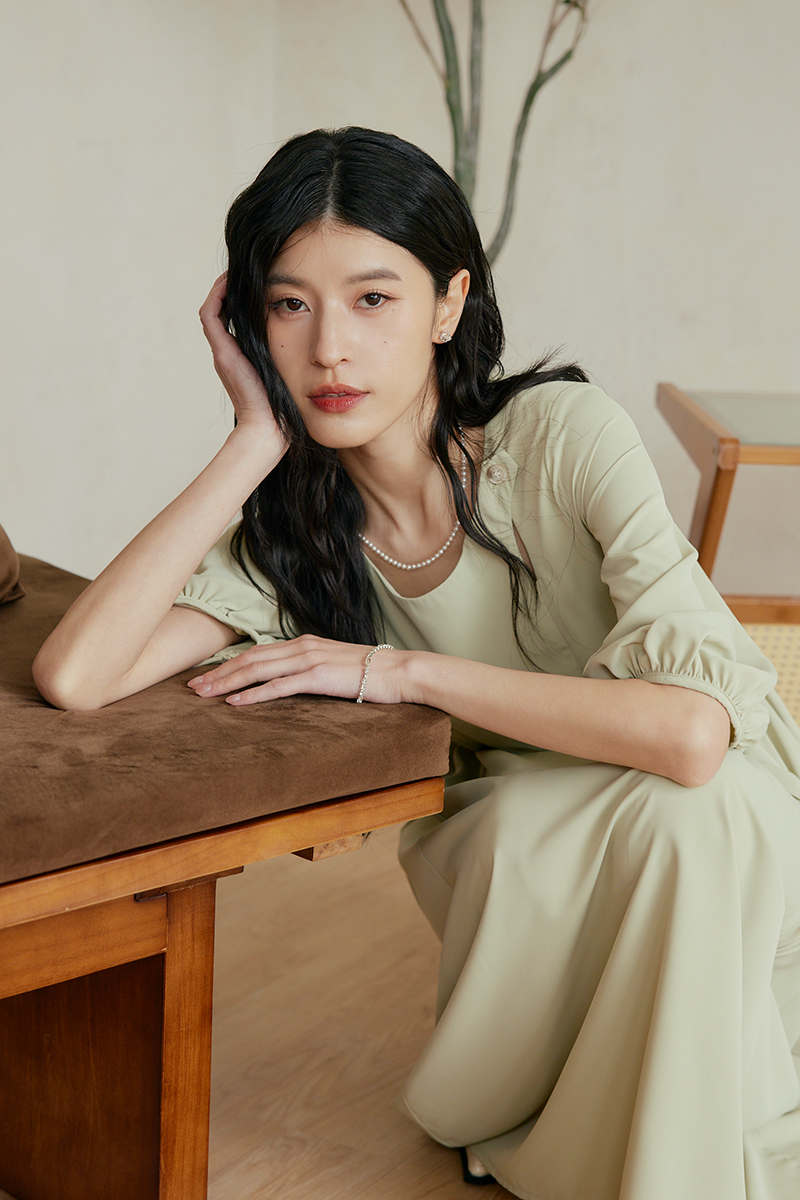 側釦領寬袖雪紡洋裝(附綁帶)