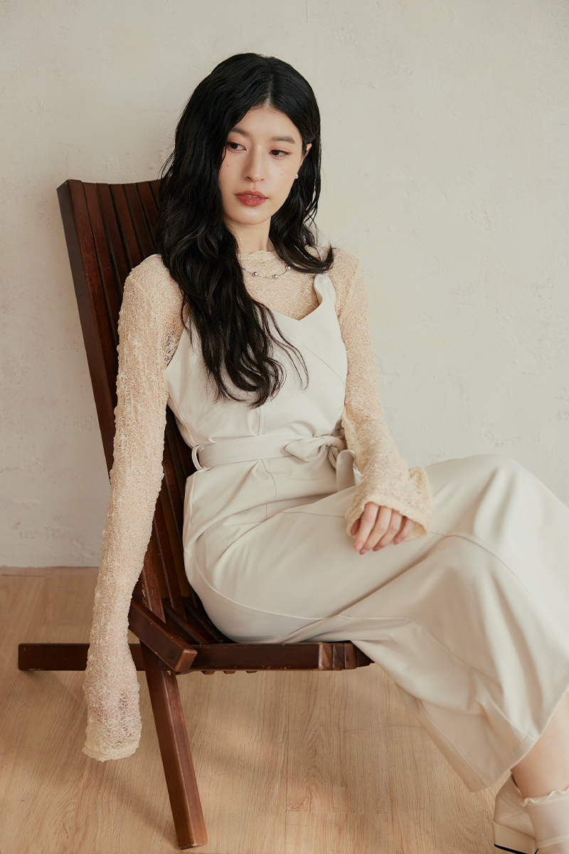 前擺開衩明線細肩洋裝(附綁帶)