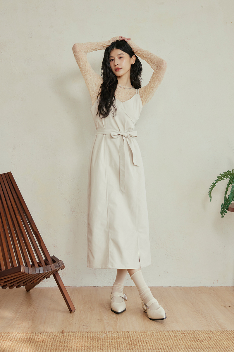 前擺開衩明線細肩洋裝(附綁帶)