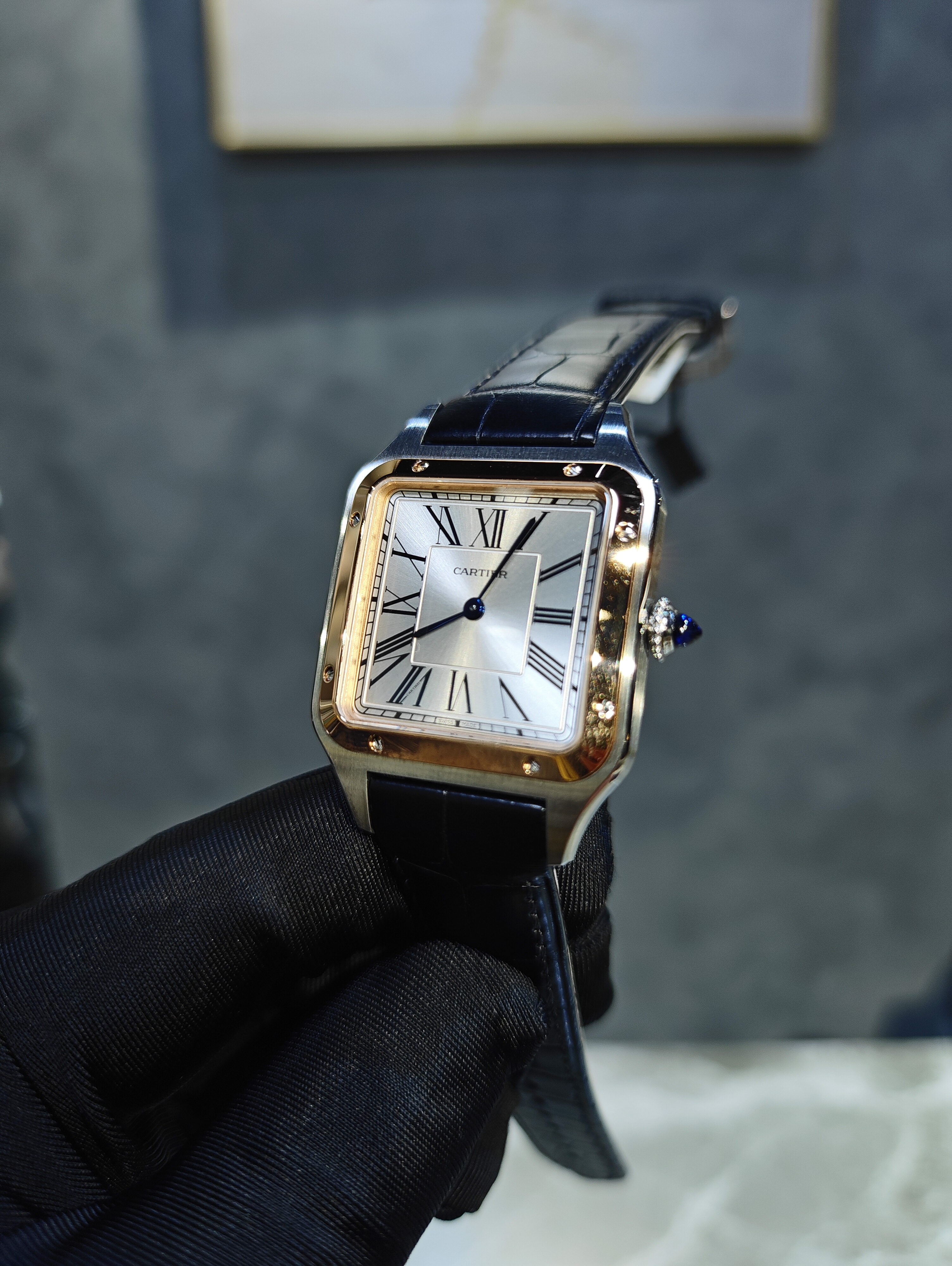 BRAND NEW CARTIER W2SA0037 LARGE ROSE GOLD DIAL SANTOS DUMONT 43MM LEATHER STRAP