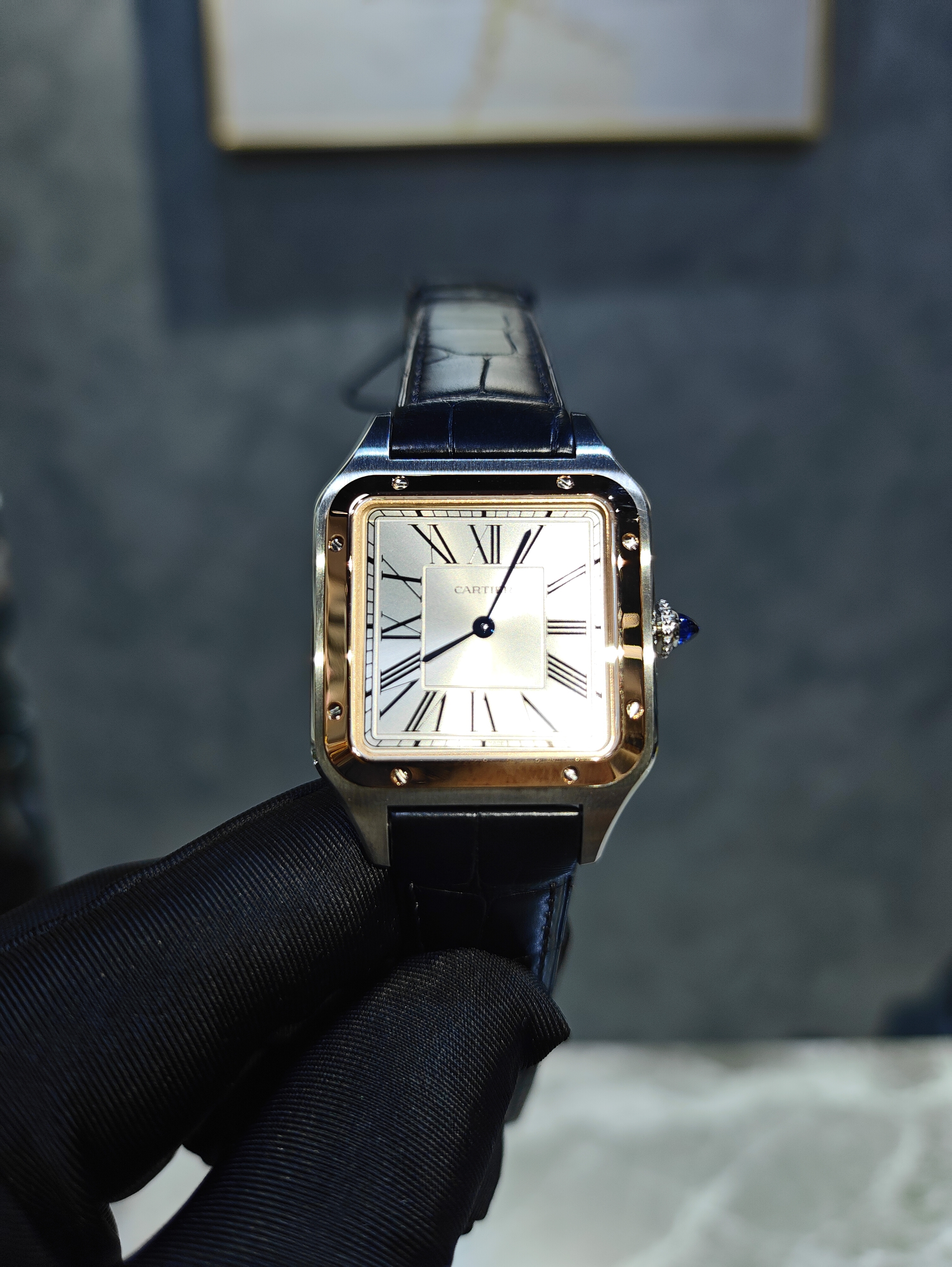 BRAND NEW CARTIER W2SA0037 LARGE ROSE GOLD DIAL SANTOS DUMONT 43MM LEATHER STRAP
