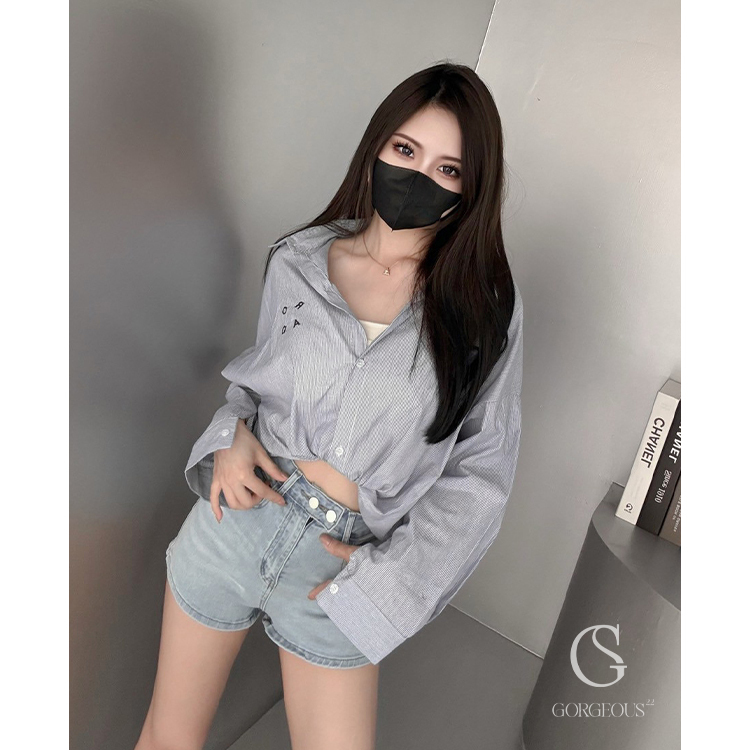 G3030 現貨「刺繡英字條紋襯衫」