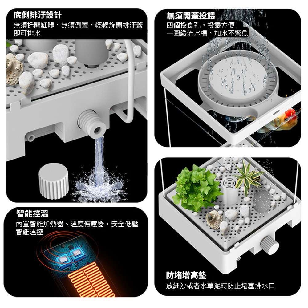 底側排汙設計、無須開蓋投餵、智能控溫、防堵增高墊