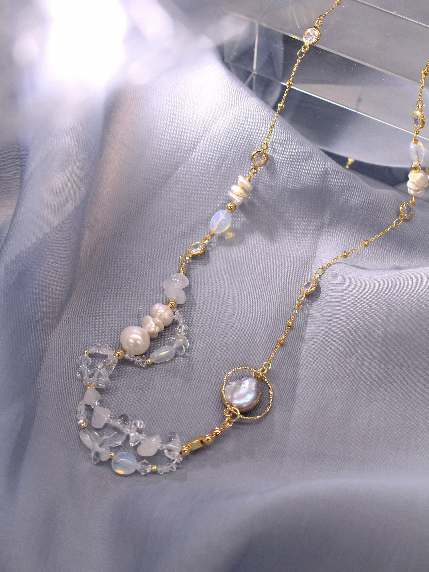 晨暮。MUCHAT手作14+18KGP施華洛水晶珍珠蛋白項鍊