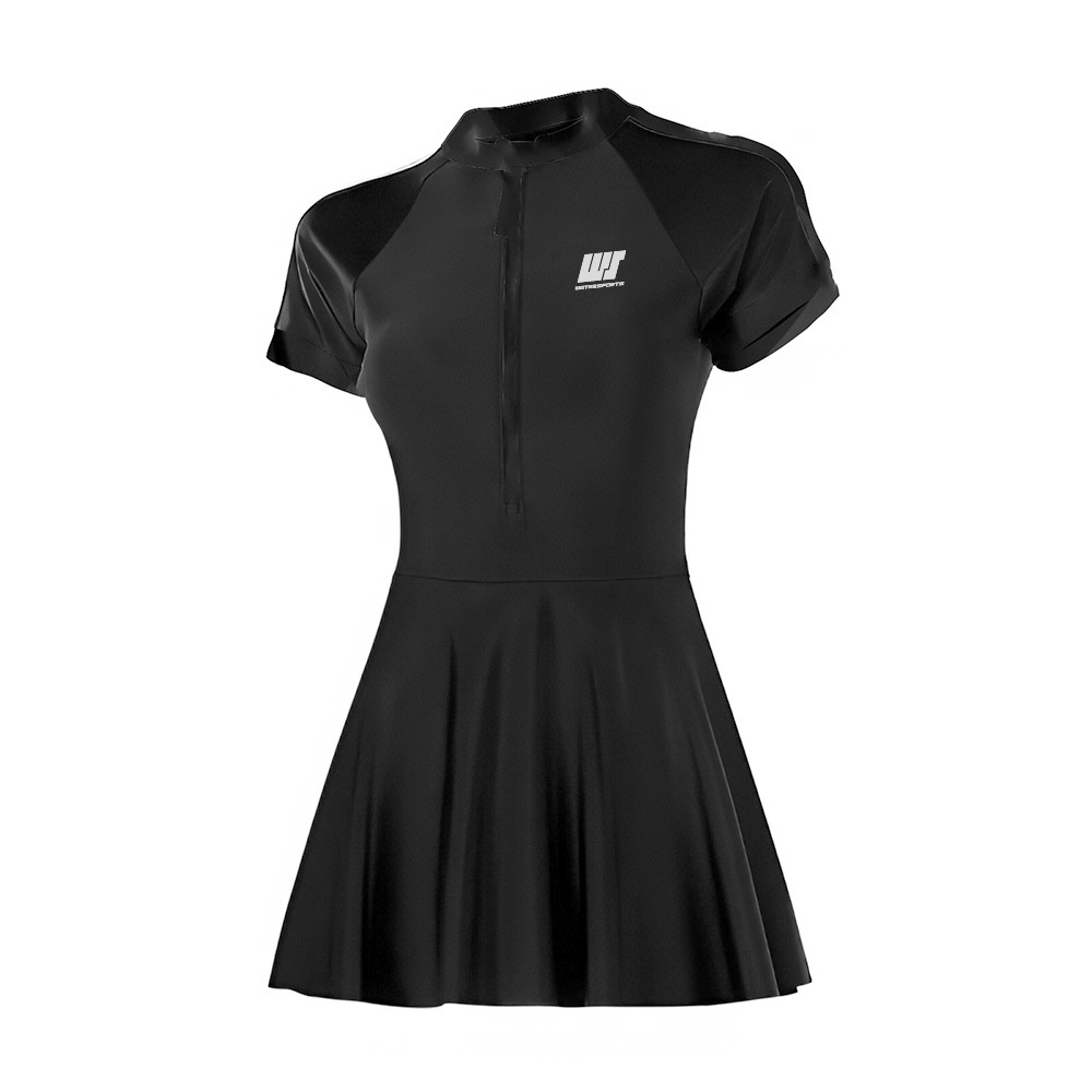 女士細 LOGO 短袖雙層裙款泳衣 - 黑