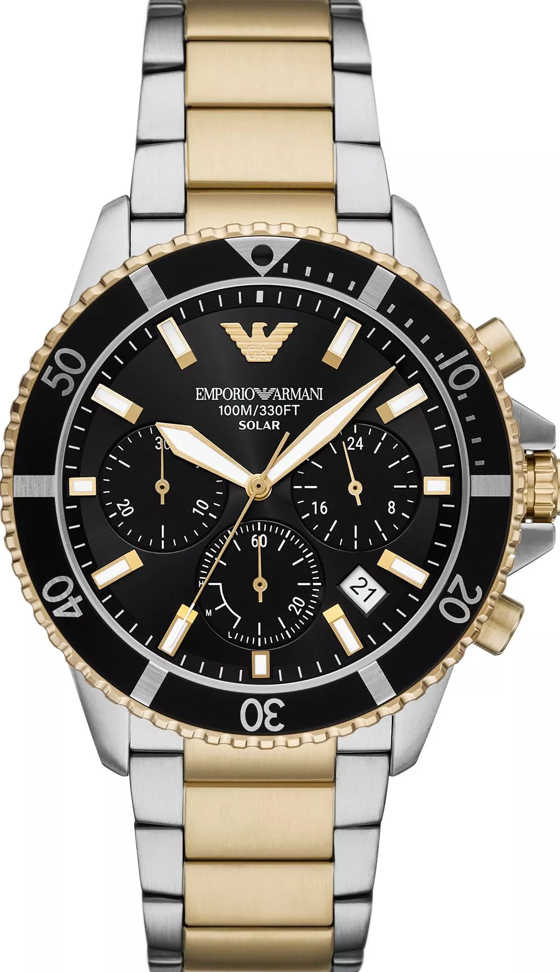 萬年鐘錶 - ARMANI  亞曼尼 精品腕錶    太陽能紳士經典黑金三眼不鏽鋼男錶 AR11680 錶徑43.5MM