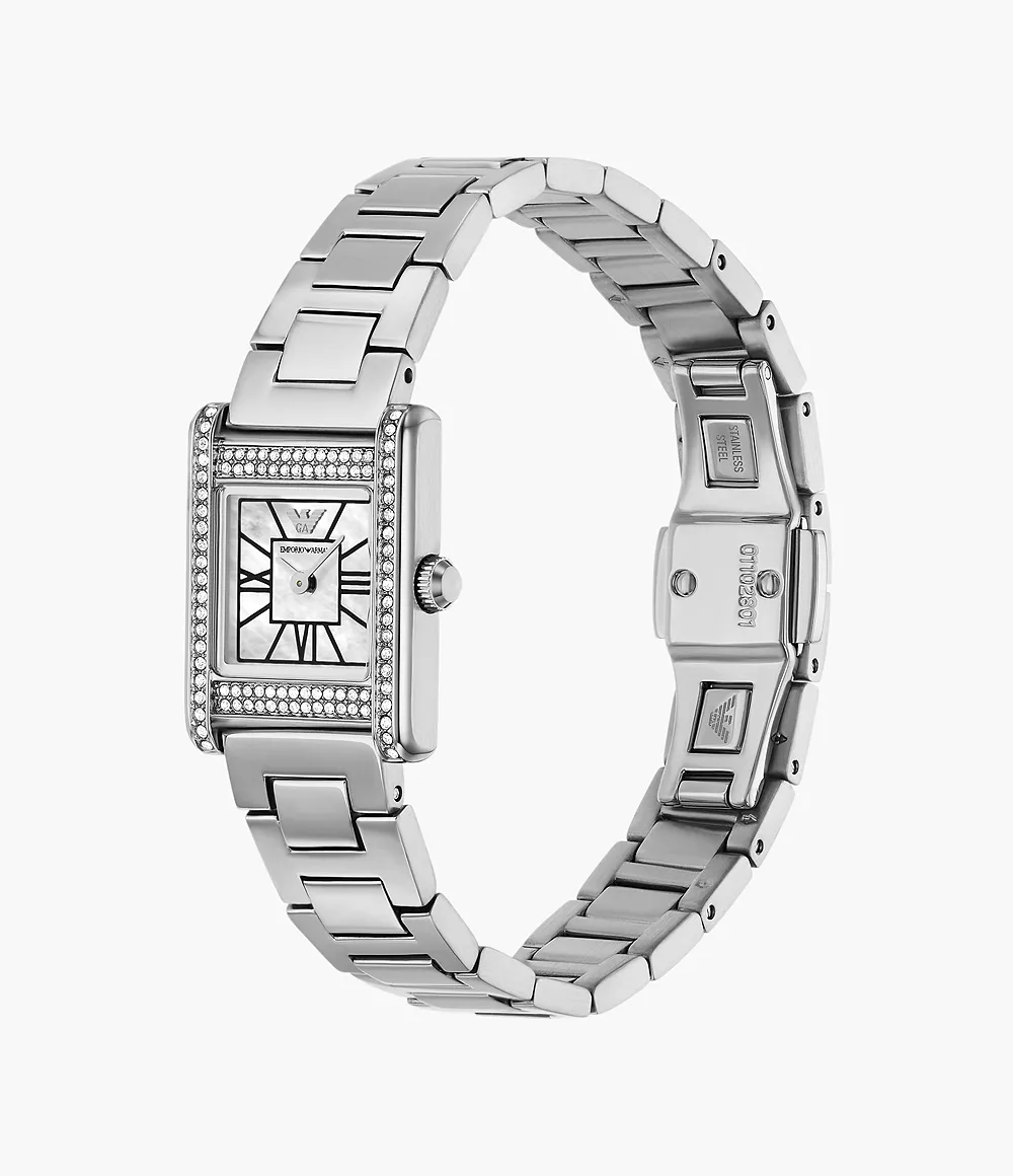 萬年鐘錶 - ARMANI  亞曼尼 精品腕錶  晶鑽方形羅馬時標不鏽鋼女錶 AR11662 錶徑20MM