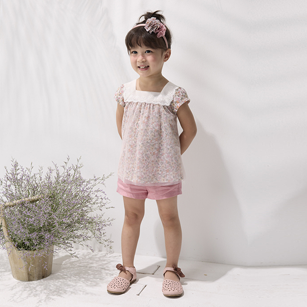 PIPPY甜美系滿版印花ㄇ型領短袖上衣 粉