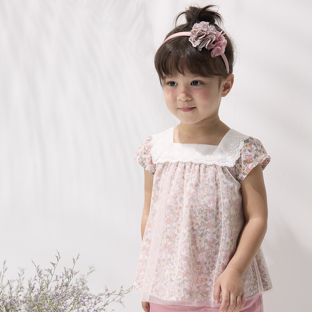 PIPPY甜美系滿版印花ㄇ型領短袖上衣 粉