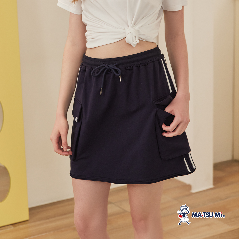 MA‧TSU Mi 撞色線條鬆緊腰頭大口袋工裝裙(深藍)