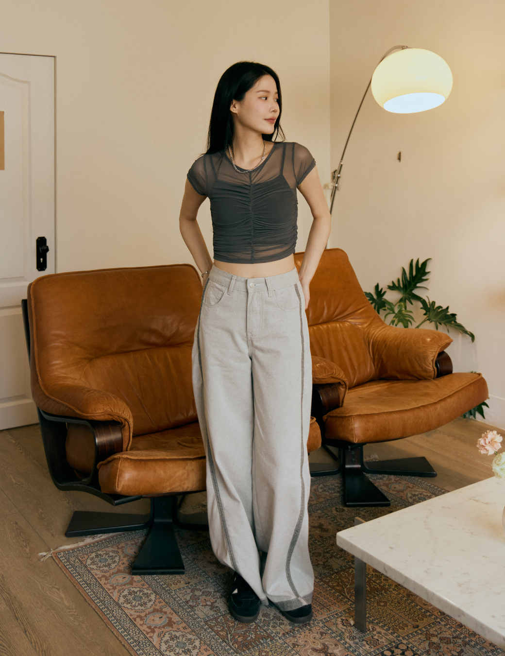 俐落線條撞色寬褲（6尺寸）