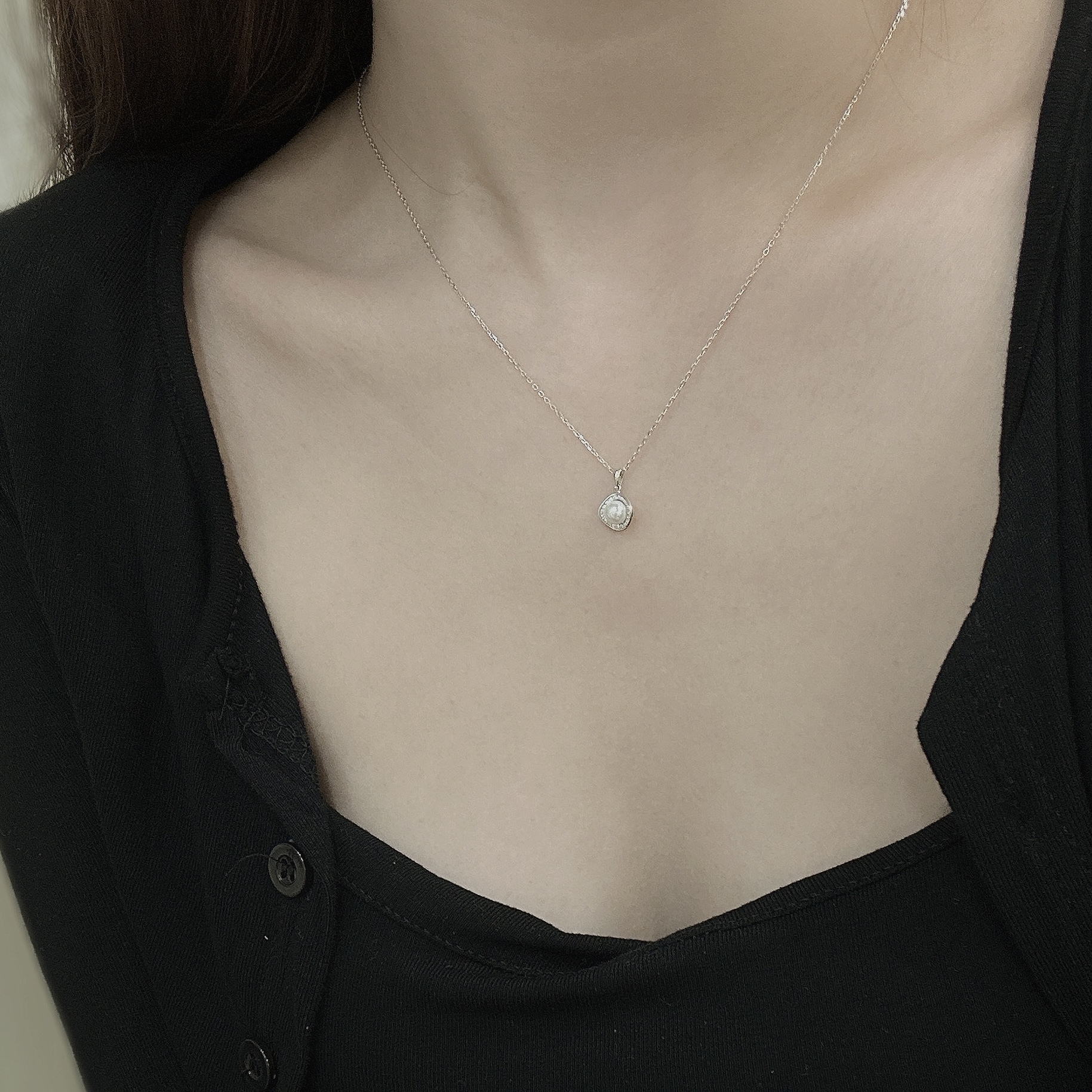 K36【輕奢】排鑽波浪邊5mm珍珠純銀鎖骨鏈