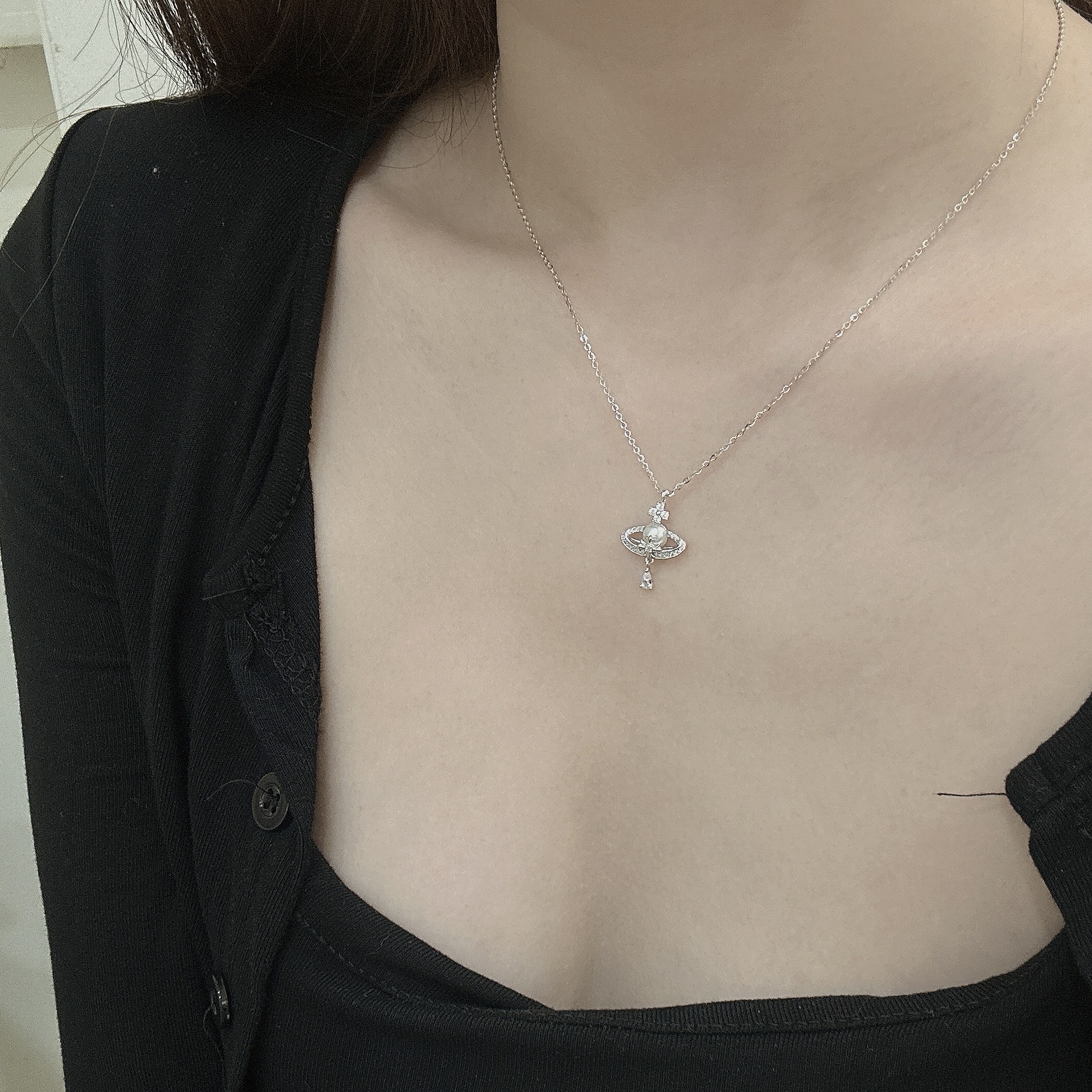 K15【輕奢】排鑽星球5mm珍珠純銀鎖骨鏈