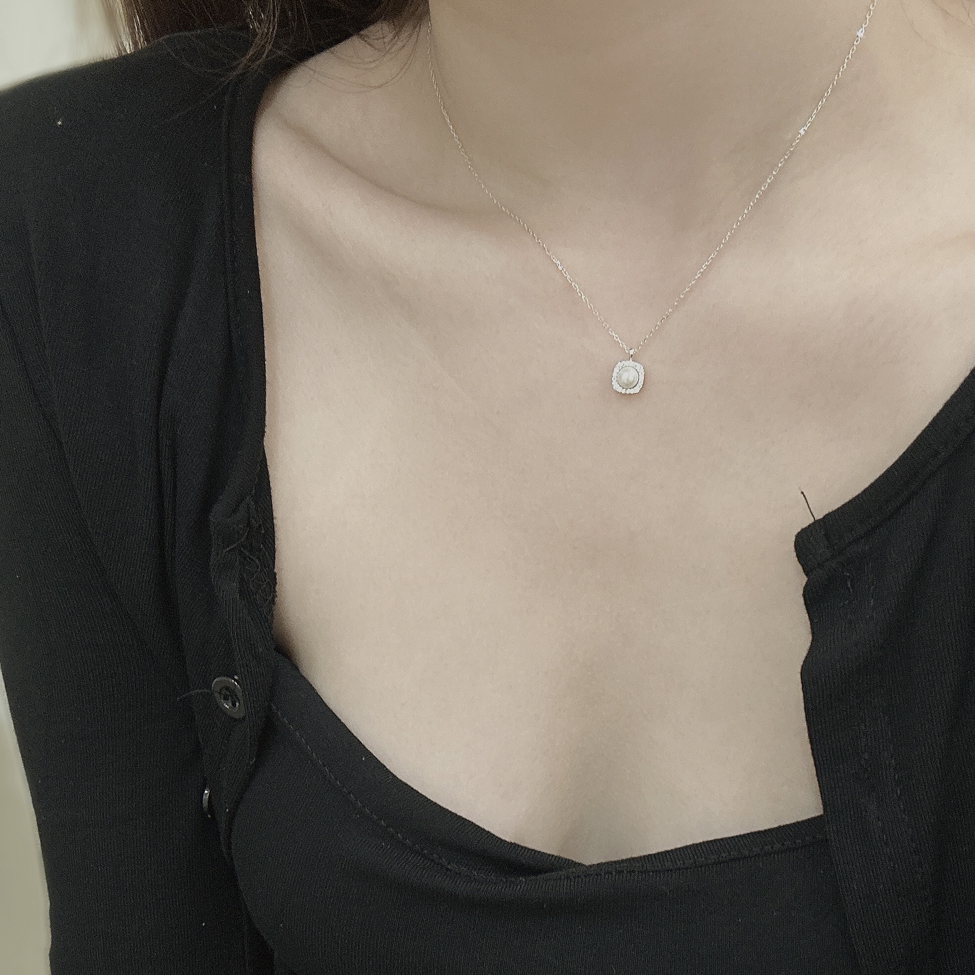 K12【輕奢】排鑽方邊5mm珍珠純銀鎖骨鏈