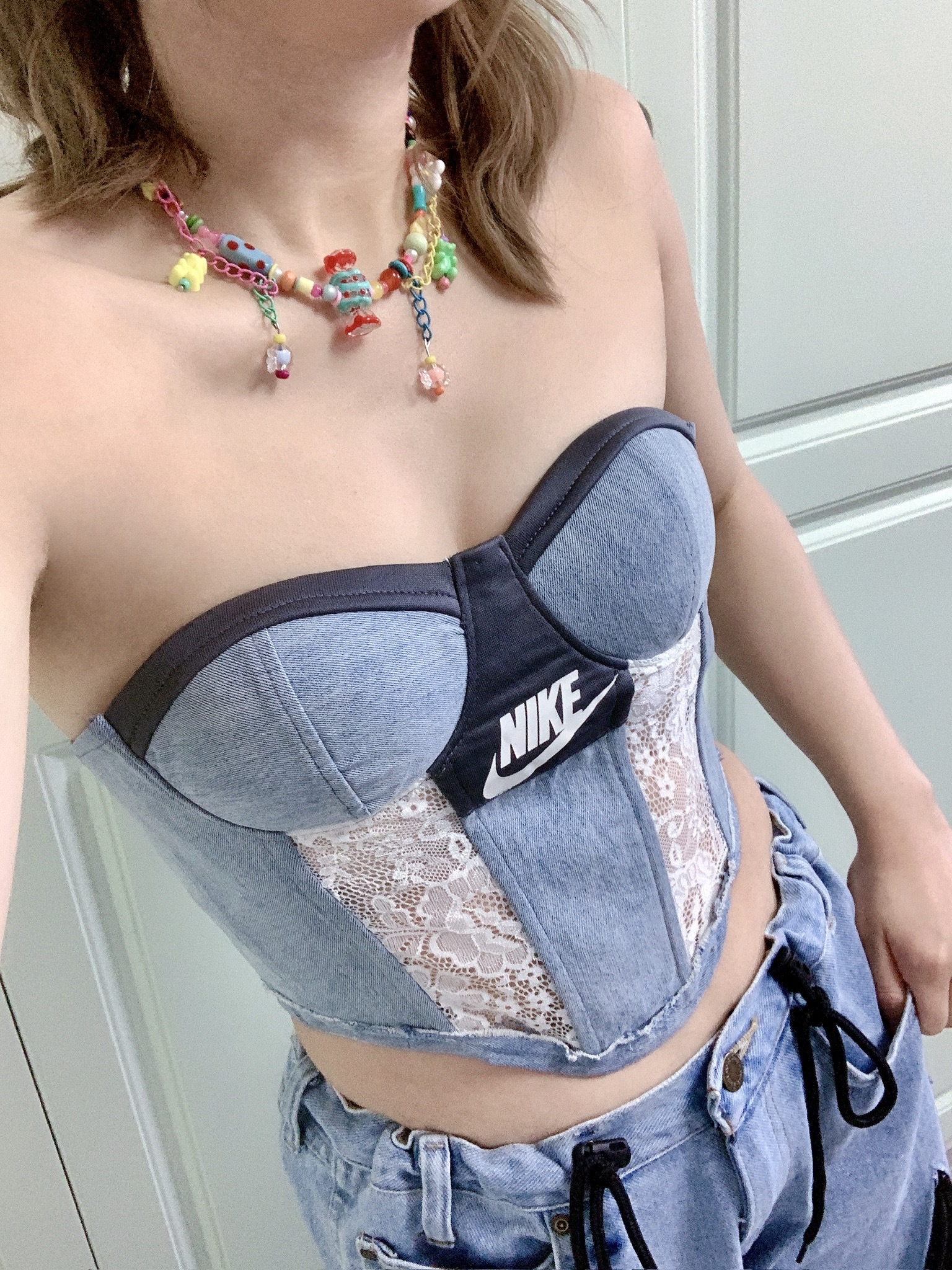 JUSTME - 【售罄】泰國復古Remake牛仔併蕾絲無帶馬甲