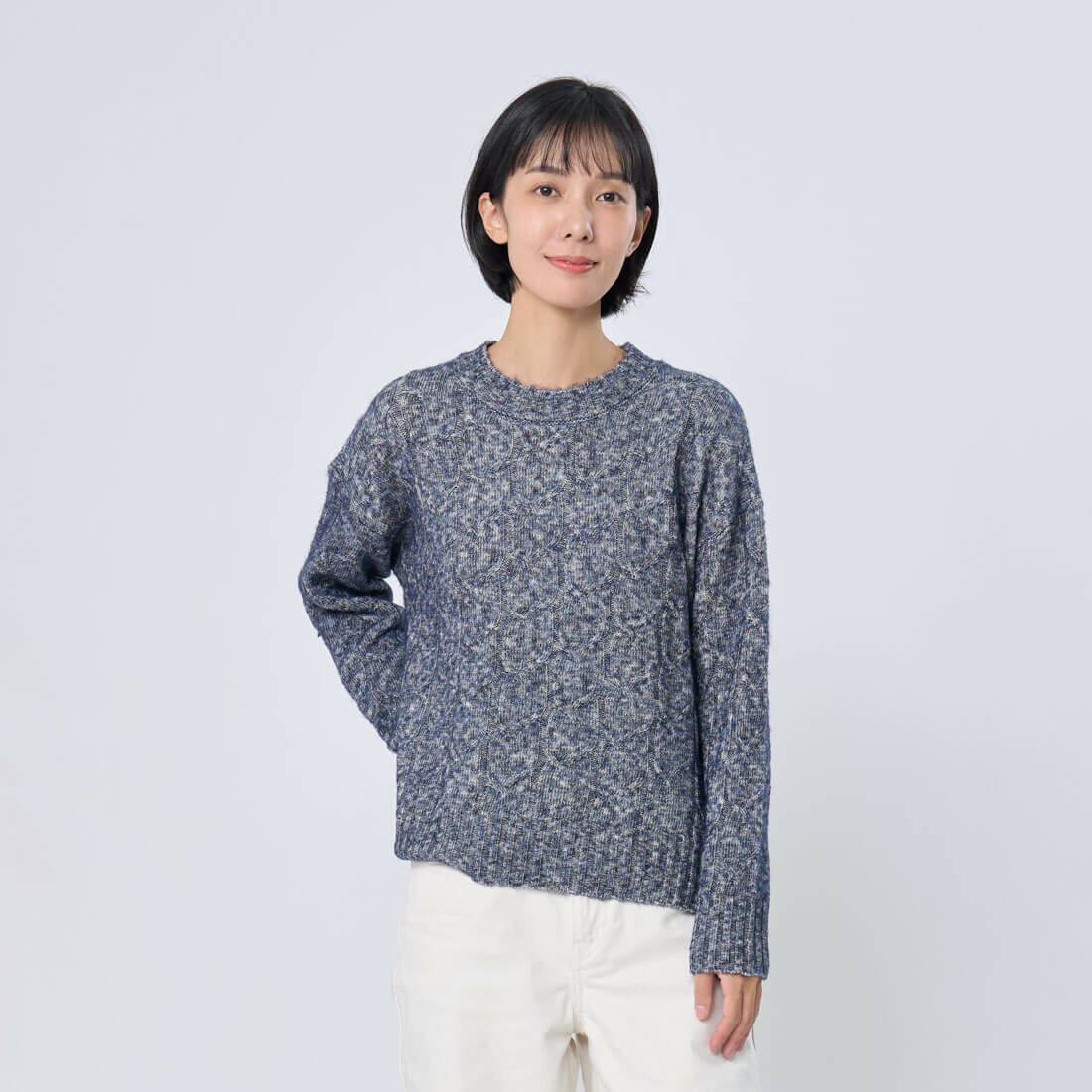 Erica圓領下擺開衩麻花針織衫/深藍