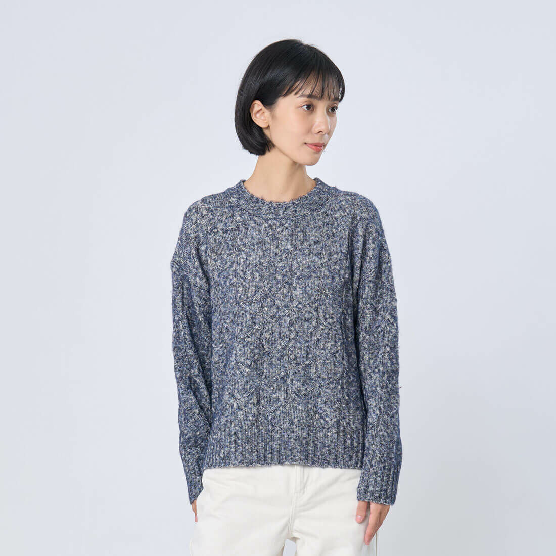 Erica圓領下擺開衩麻花針織衫/深藍