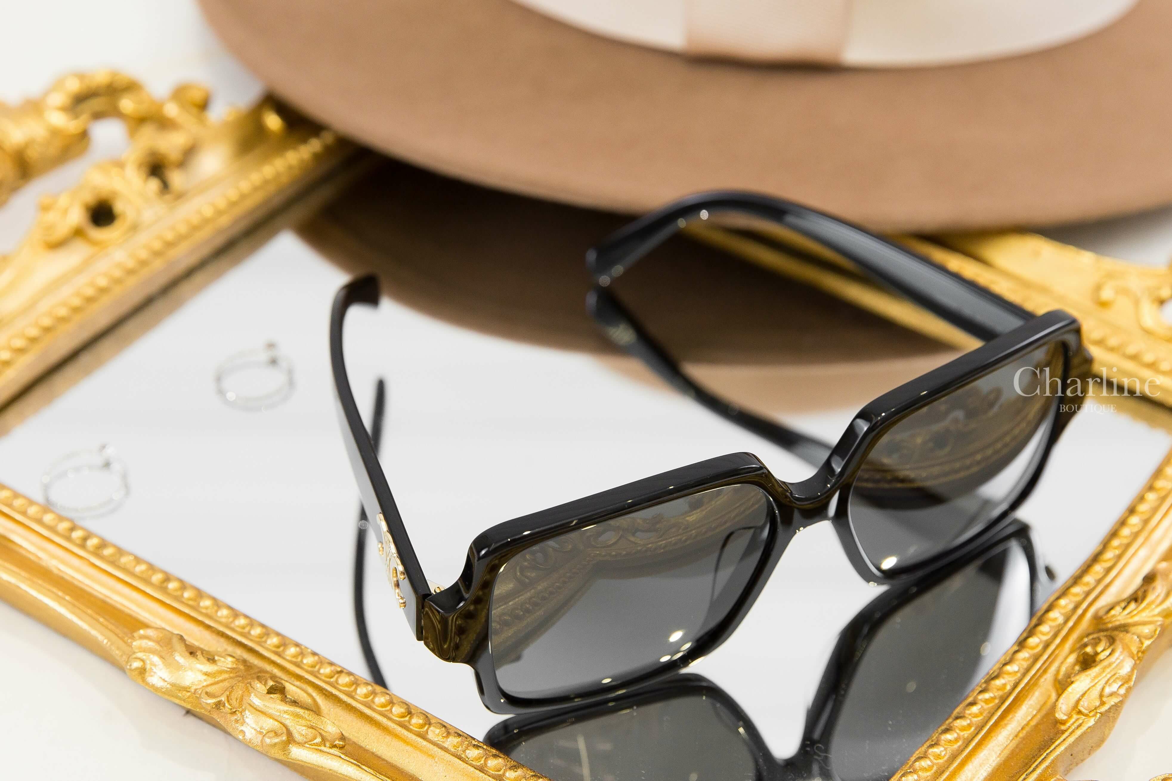 Celine Triomphe 16 Sunglasses In Acetate 黑色方框側邊金色凱旋門太陽眼鏡附棕褐色凱旋門手提眼鏡盒兩件組-Charline Boutique 精品代購