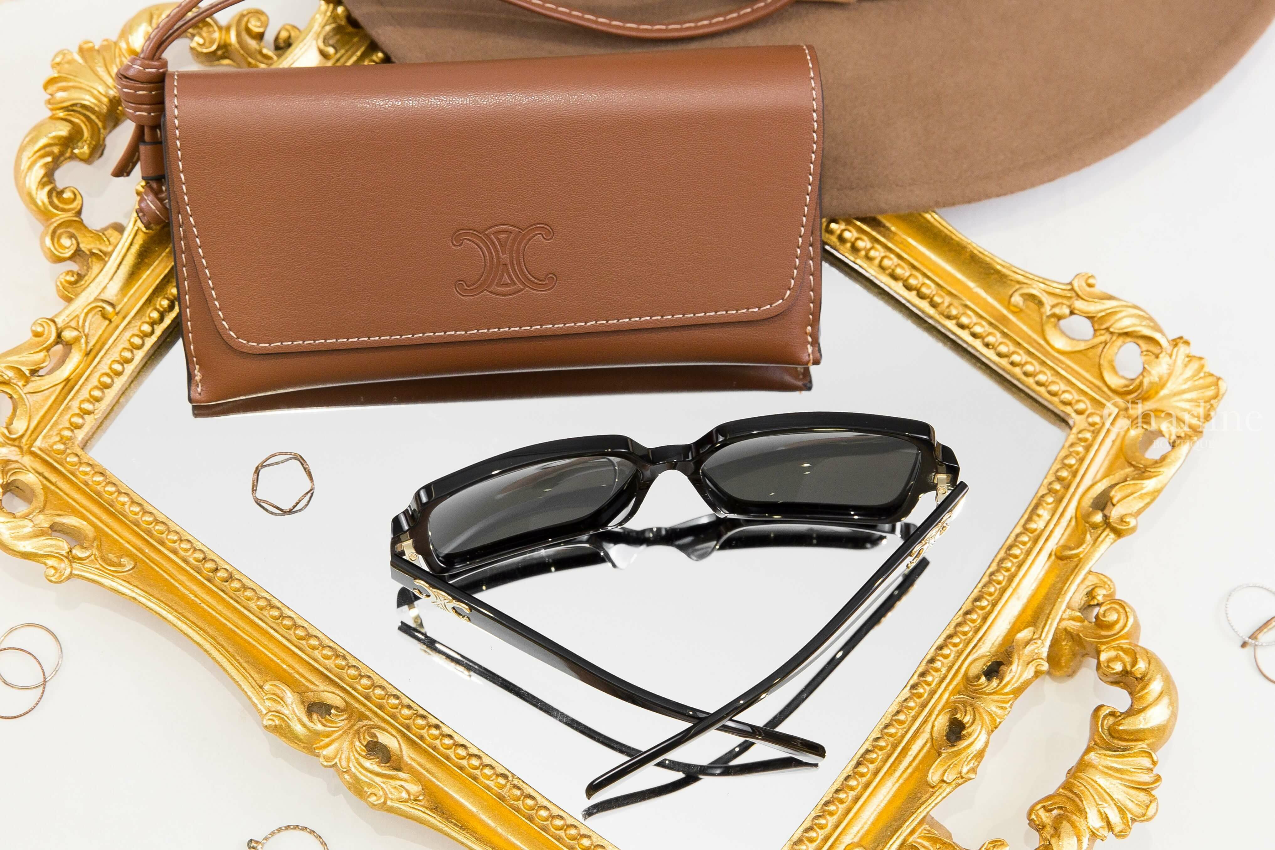 Celine Triomphe 16 Sunglasses In Acetate 黑色方框側邊金色凱旋門太陽眼鏡附棕褐色凱旋門手提眼鏡盒兩件組-Charline Boutique 精品代購