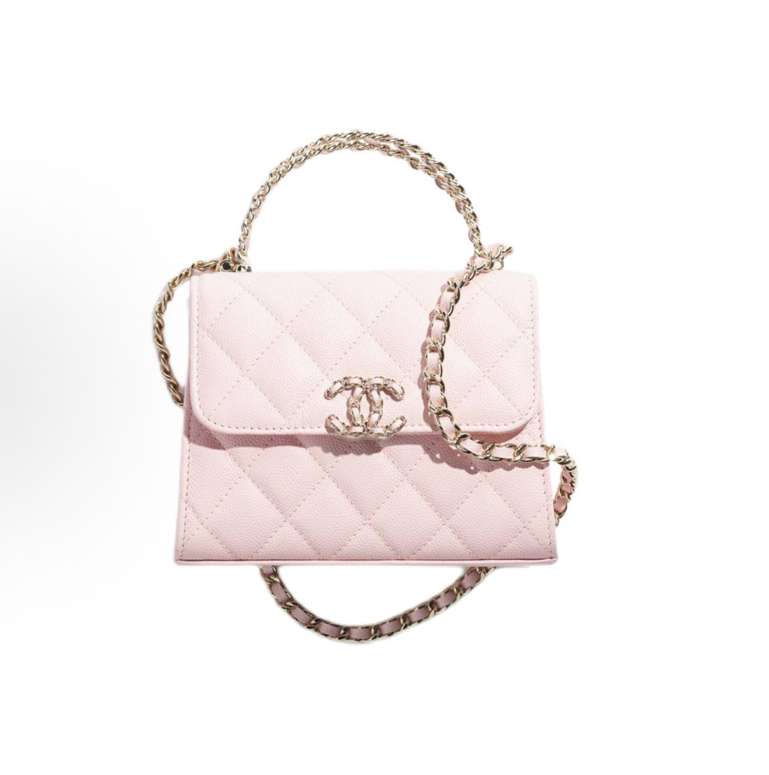 CHANEL 香奈兒25S 雙 C Logo 菱格閃亮小牛皮手提袋女款淺粉色