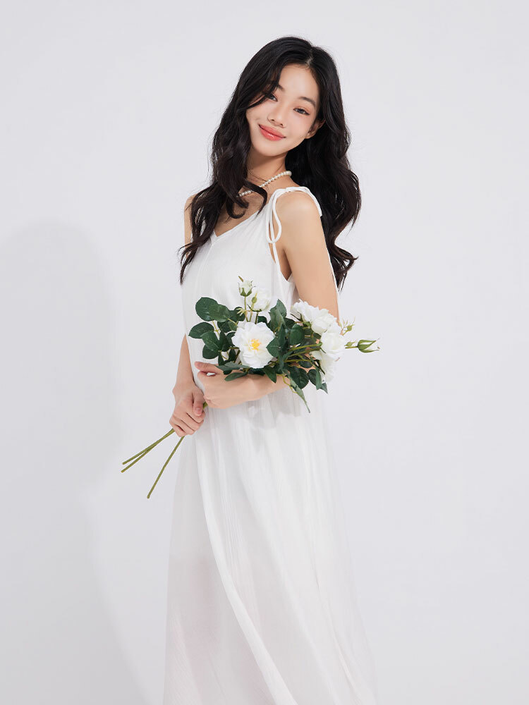 木紋繫肩柔美綁帶長洋裝