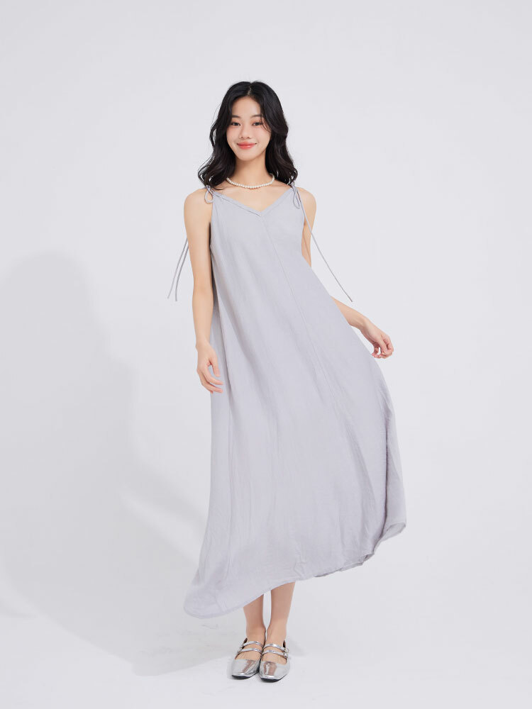 木紋繫肩柔美綁帶長洋裝