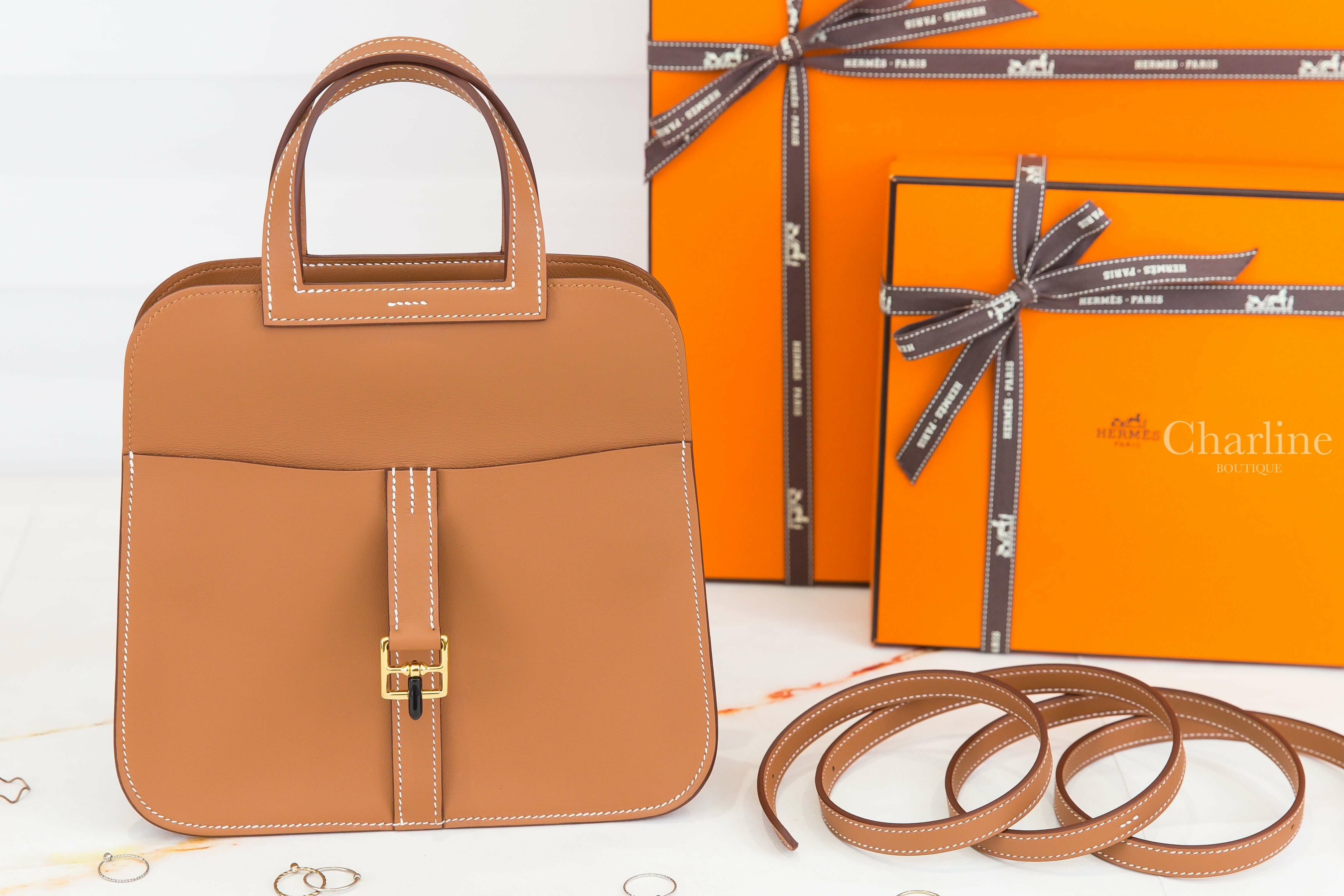 Hermès Halzan Mini Bag 37 Gold Swift 焦糖色金釦手提肩背包-Charline Boutique 精品代購