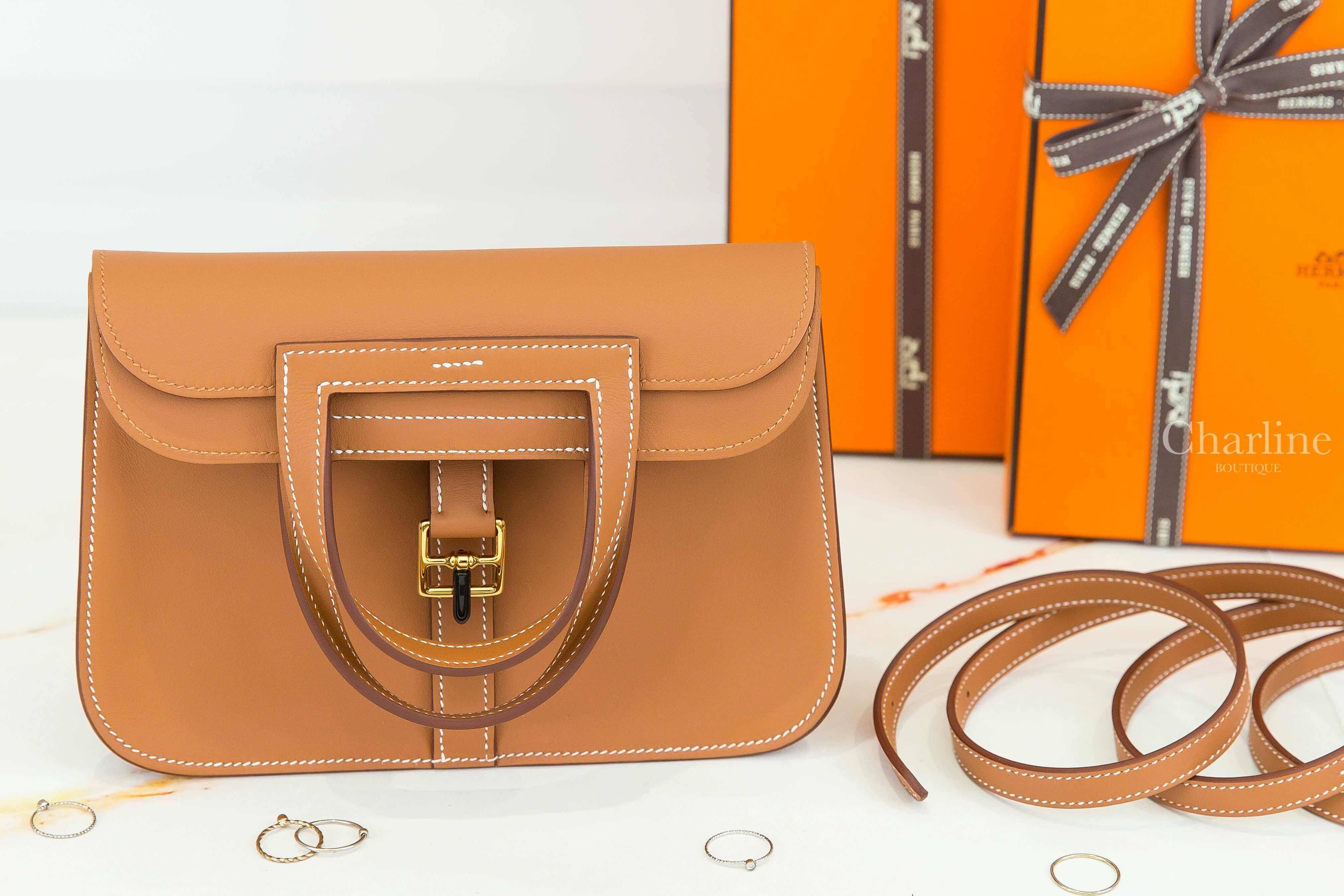 Hermès Halzan Mini Bag 37 Gold Swift 焦糖色金釦手提肩背包-Charline Boutique 精品代購