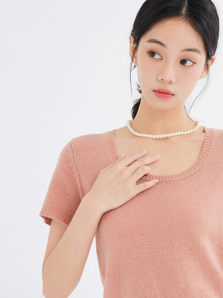 SALE500 方領純色短袖針織上衣