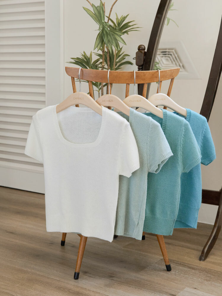 SALE500 方領純色短袖針織上衣