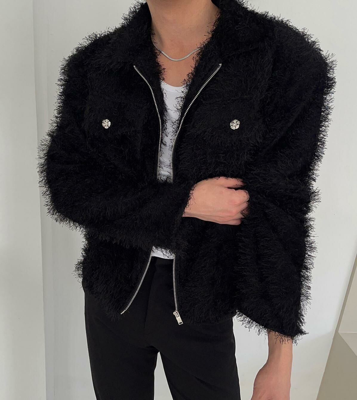 反領拉鍊毛毛外套 1990S-003JK