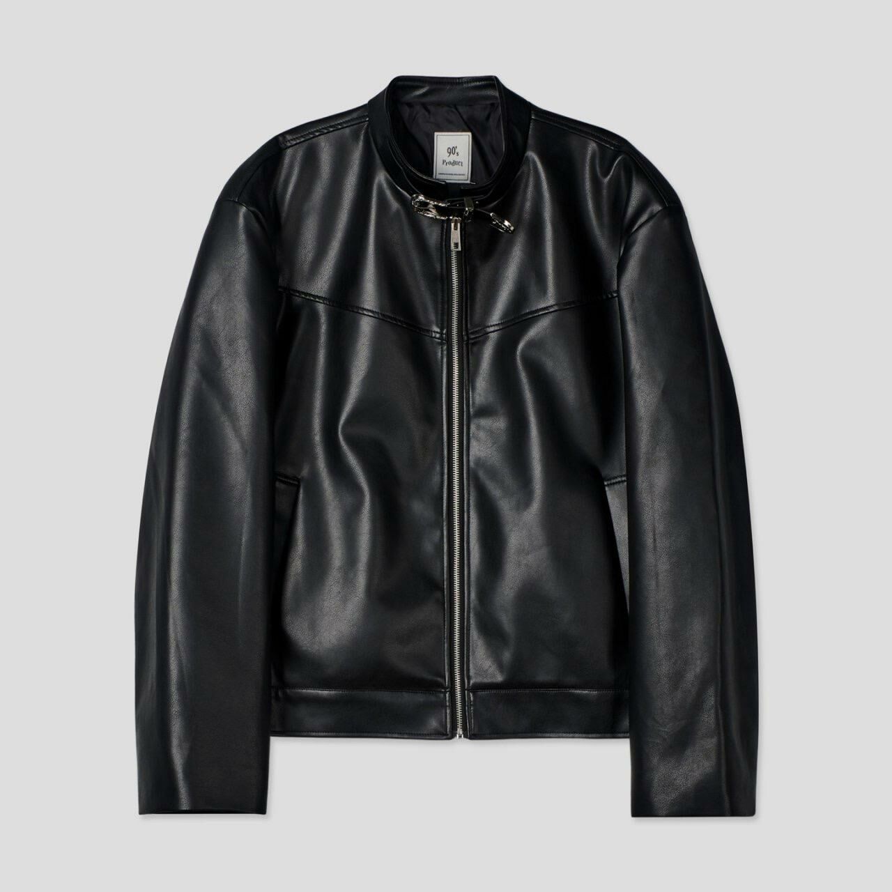 淨色企領拉鍊合成皮褸 1990S-004JK