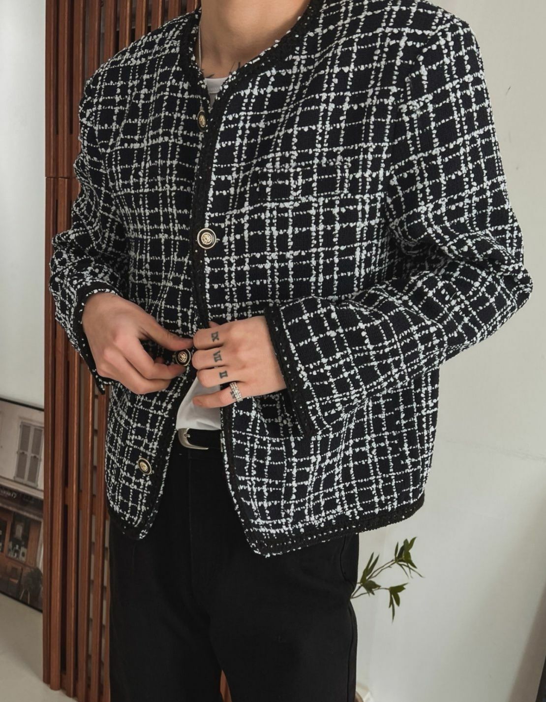 圓領格紋開胸外套 OUR ROOM-045JK