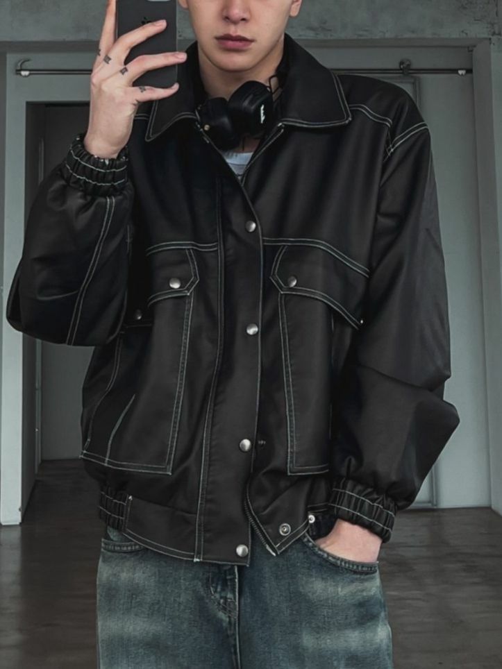 淨色反領拉鍊合成皮褸 OUR ROOM-047JK