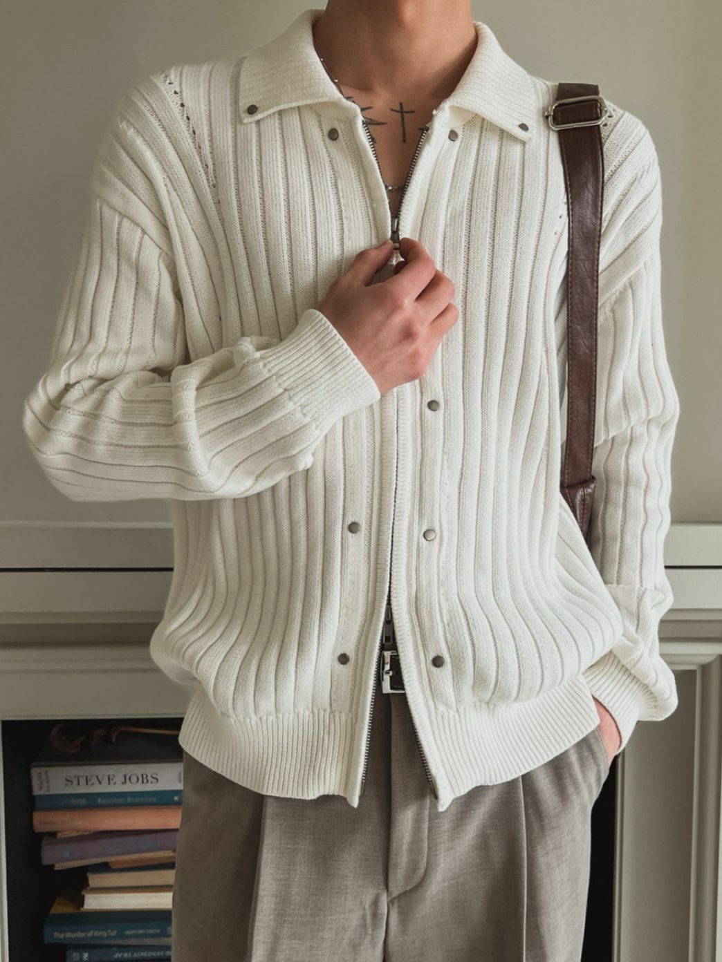 反領暗直紋拉鍊針織外套 OUR ROOM-048JK