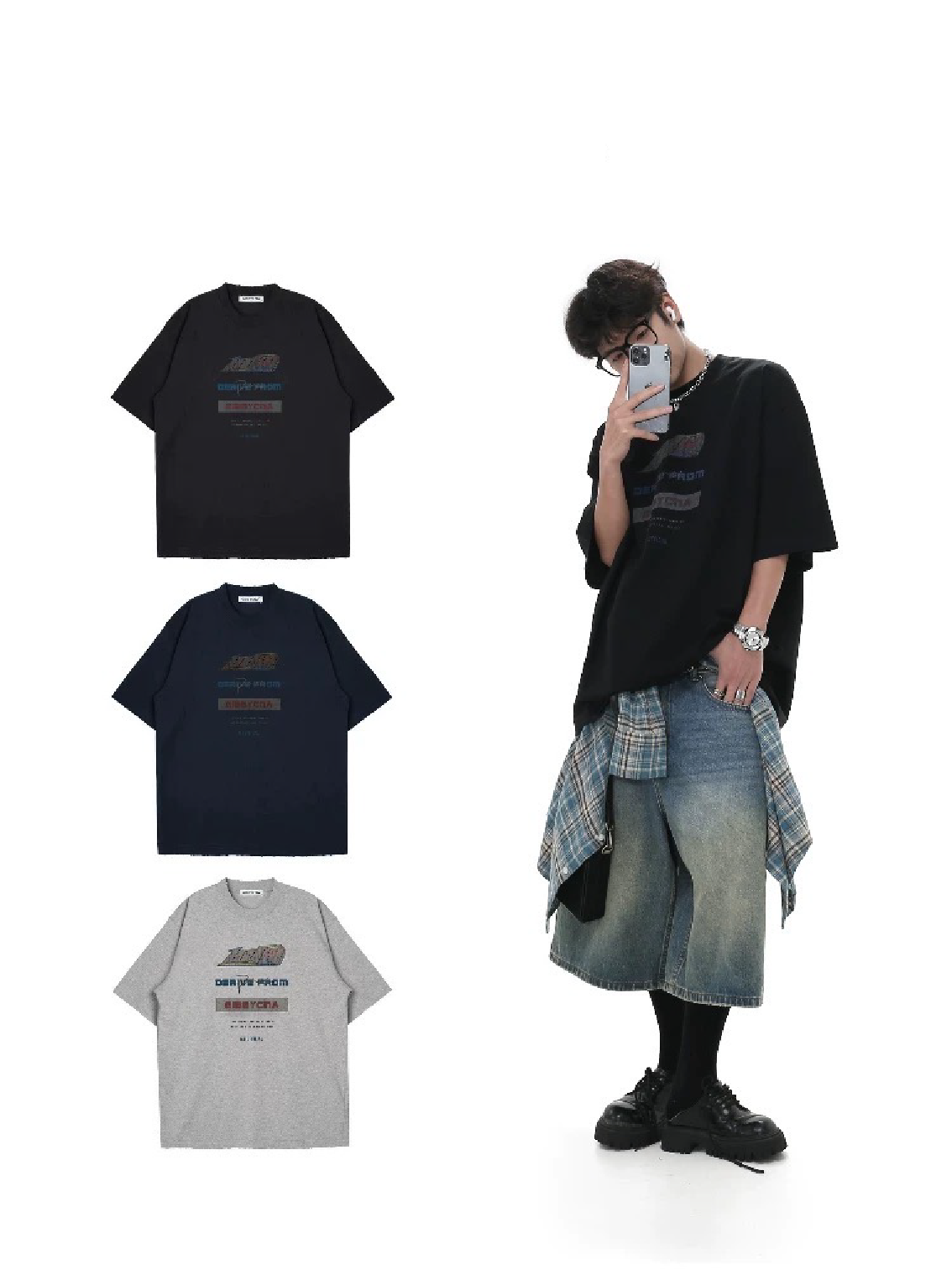 SIMPLEACTION 復古做舊爆裂印花短袖上衣