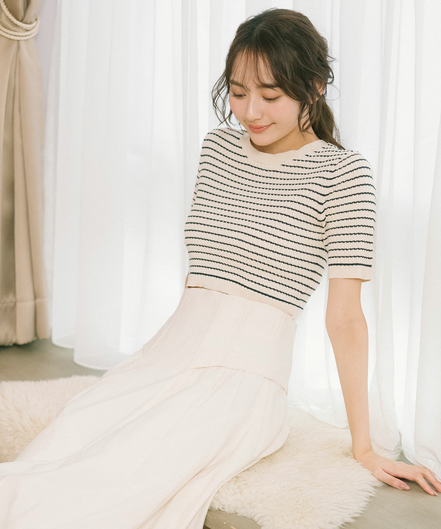 [現貨優惠] COCO DEAL 條紋麻花針織衫 象牙白