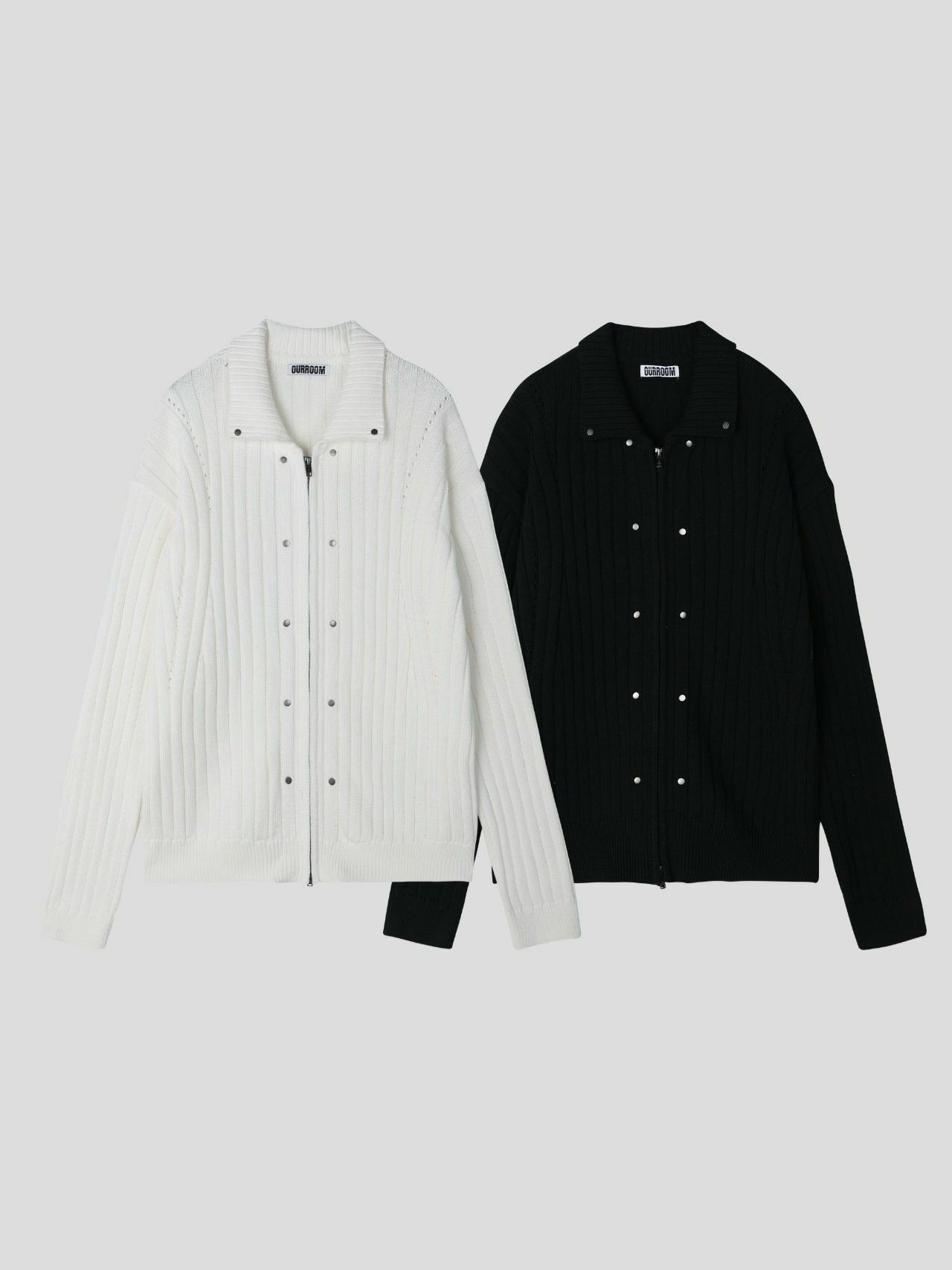 反領暗直紋拉鍊針織外套 OUR ROOM-048JK