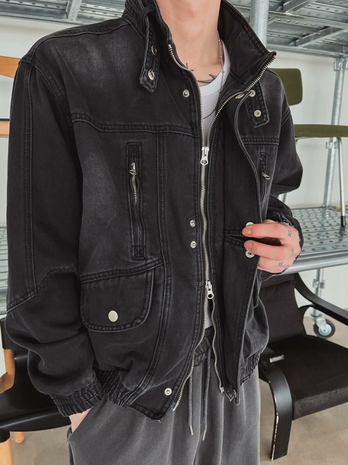 洗水企領拉鍊牛仔褸 OUR ROOM-056JK