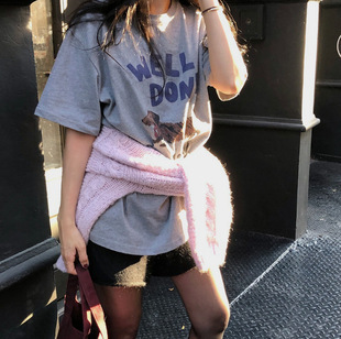 韓國復古印花 寬版t-shirt (灰/白)