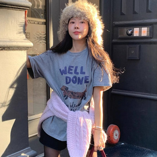 韓國復古印花 寬版t-shirt (灰/白)