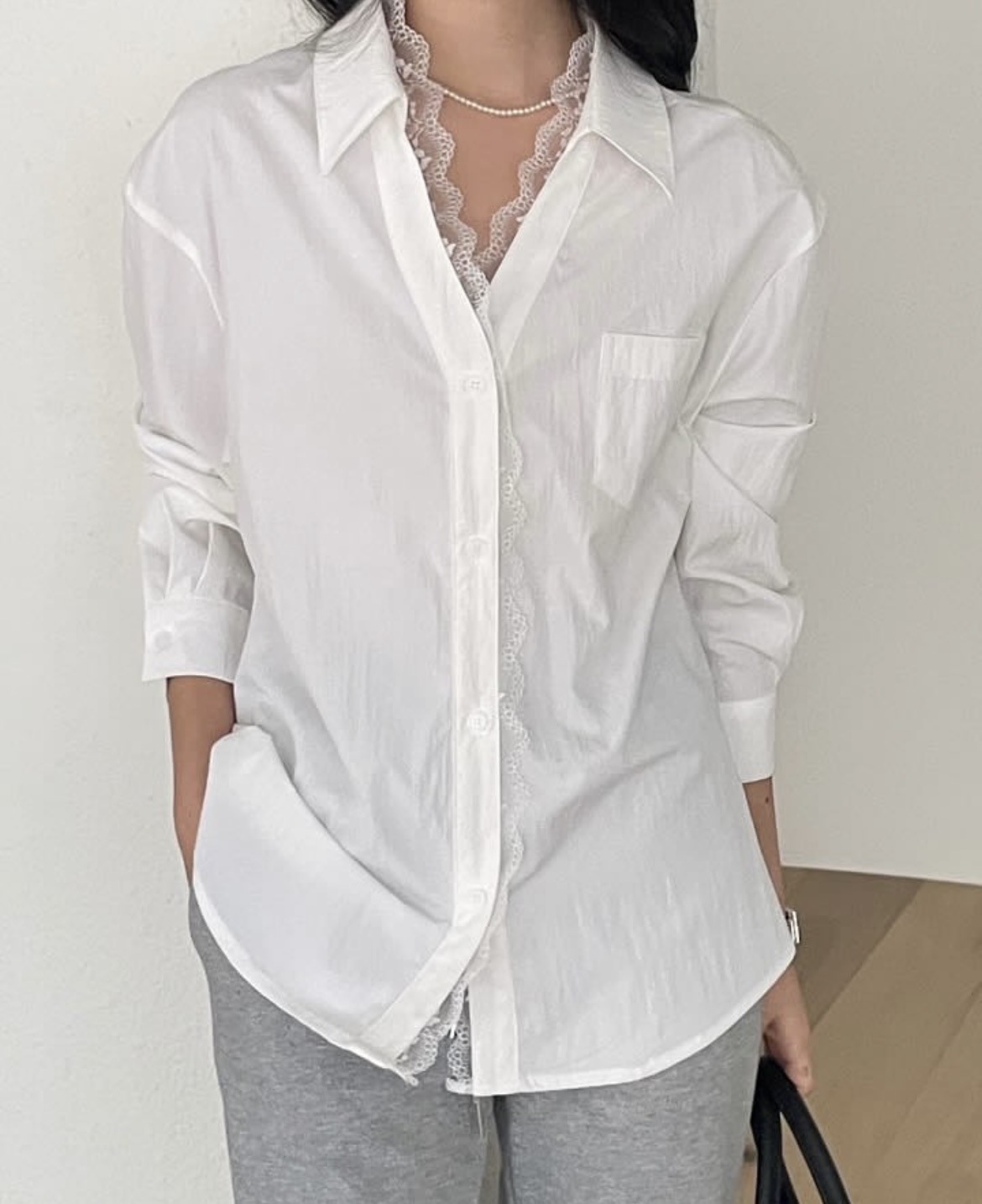 知性女人味 蕾絲花邊素色襯衫(紫/白/黑)